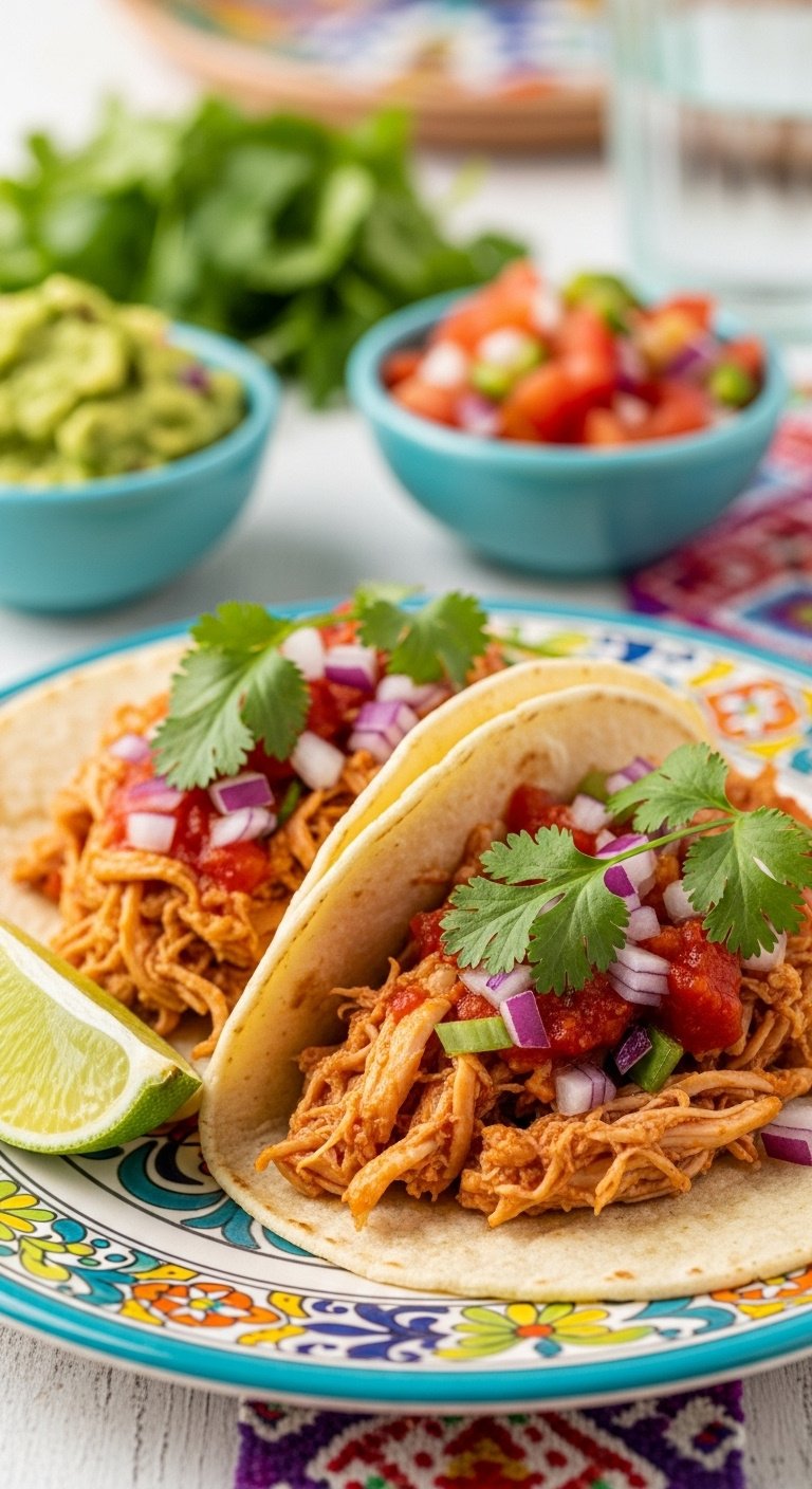 Easiest crockpot chicken tacos with cilantro red onion and lime on a vibrant plate with guacamole and pico de gallo