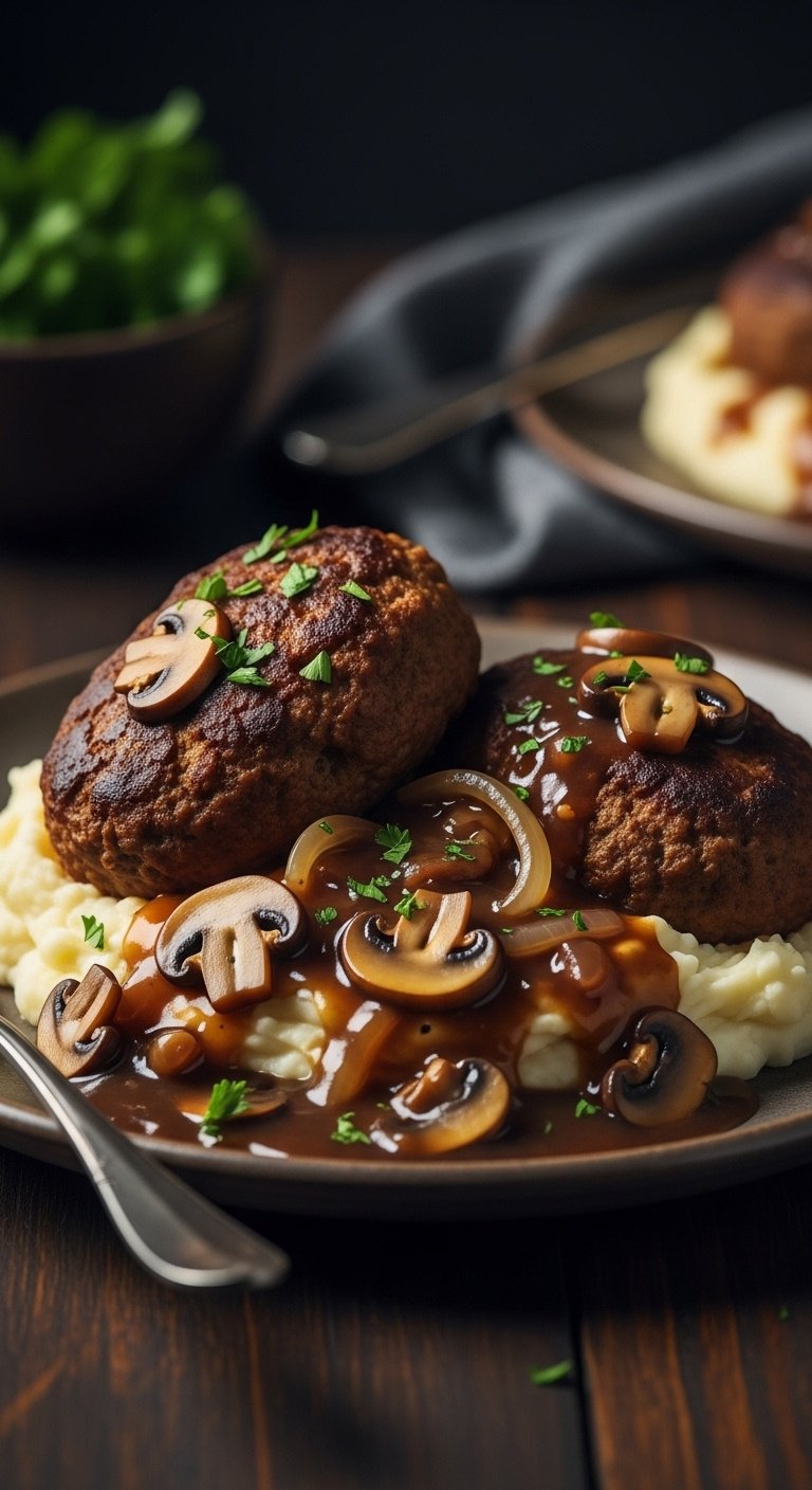 Easy crockpot Salisbury steak patties with mushroom gravy over mashed potatoes garnished with parsley