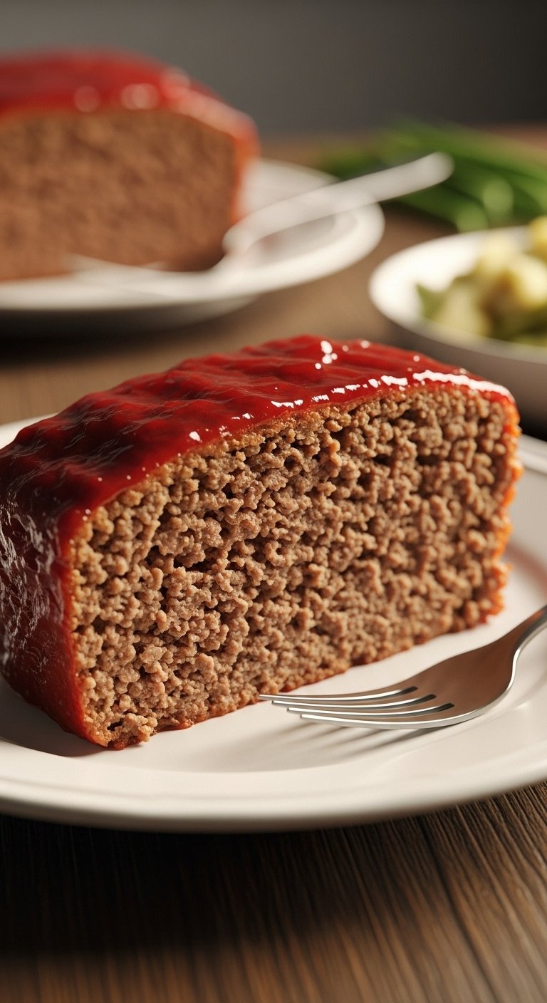 Easy crockpot meatloaf slice with glaze on a white plate with a fork on a wooden table