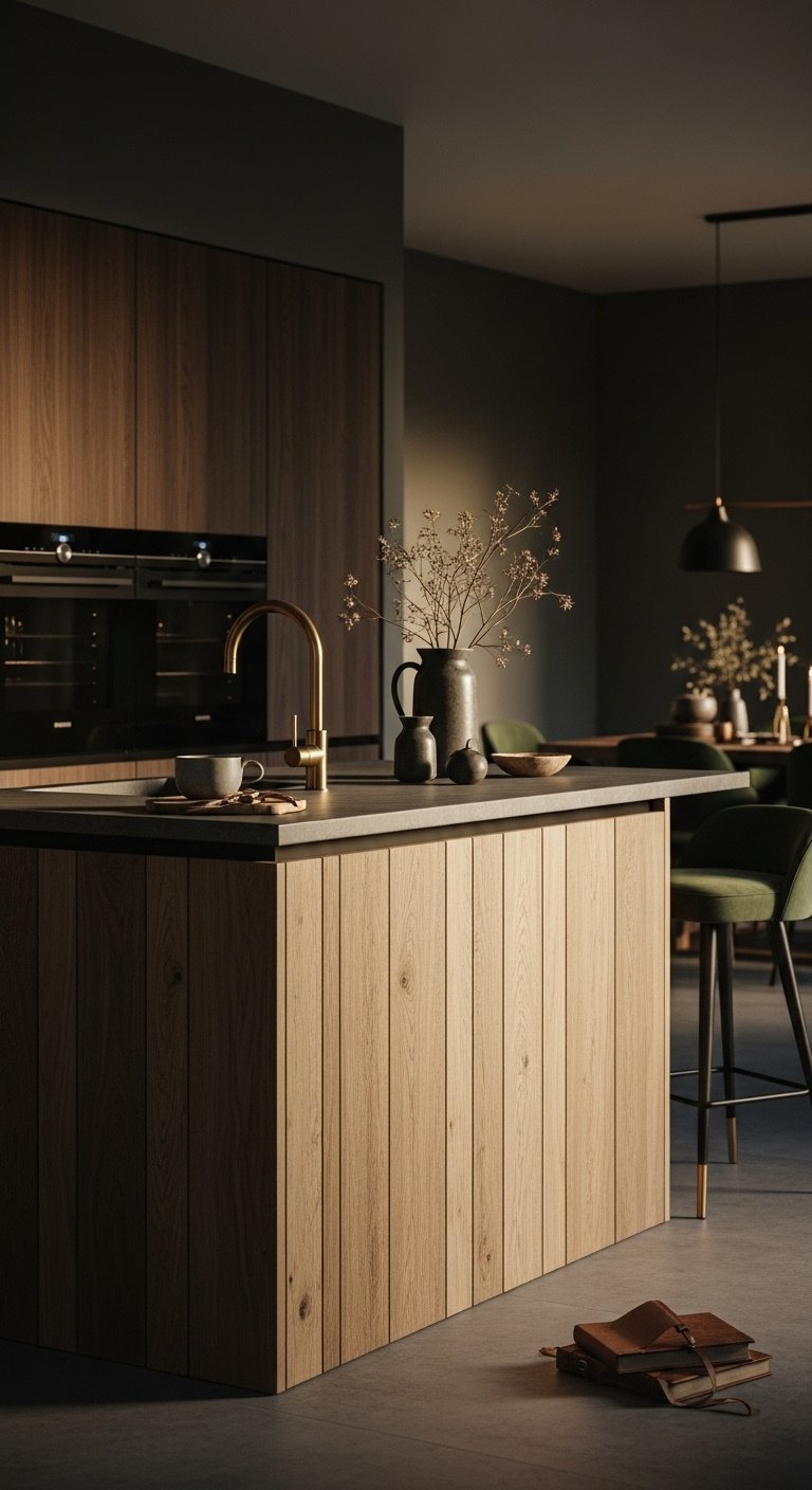 Eclectic kitchen mixing dark walnut perimeter cabinets, reclaimed oak island, concrete countertop, aged brass hardware, green velvet stool.