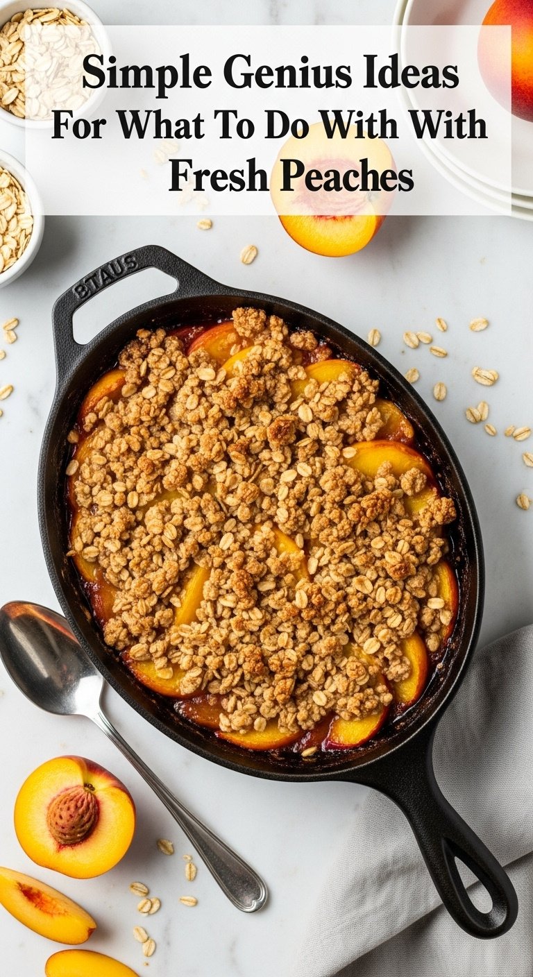 Effortless 5-ingredient peach crisp in cast iron skillet on marble countertop with scattered oats and sliced peach