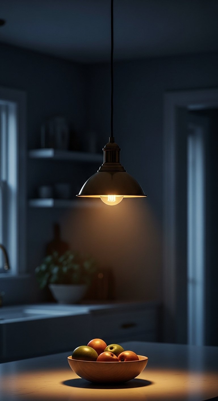 Elegant brass pendant light over kitchen island with warm glow and moody shadows creating a cozy intimate atmosphere