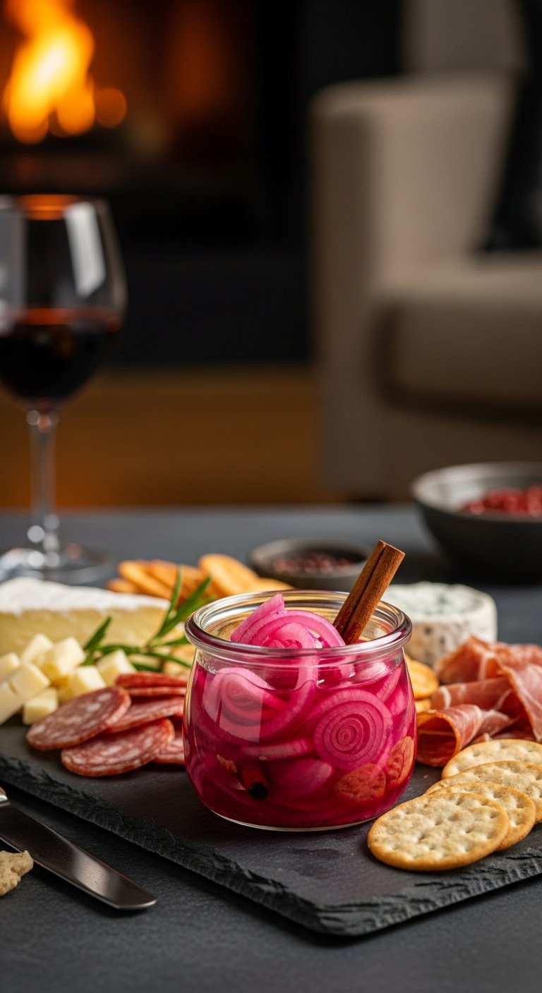 Elegant glass crock of pink pickled onions with a cinnamon stick on a dark slate charcuterie board with cheeses and meats