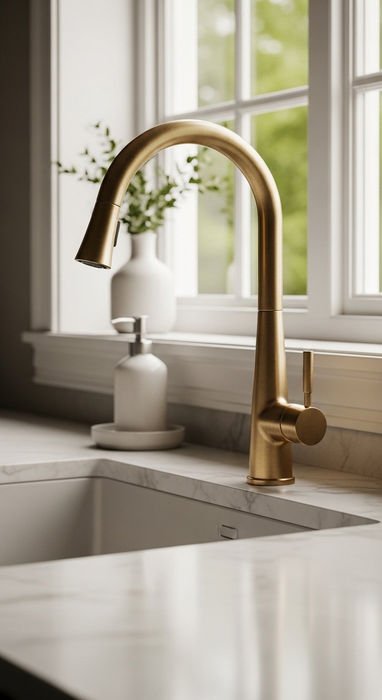 Elegant high-arc gooseneck brushed brass kitchen faucet with undermount sink and neutral countertop in soft natural light