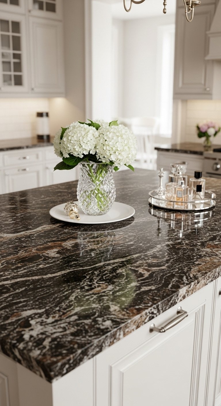 Elegant kitchen island with Tan Brown granite, dark brown, black, gray, orange tones, creamy white cabinets, crystal vase, hydrangeas.