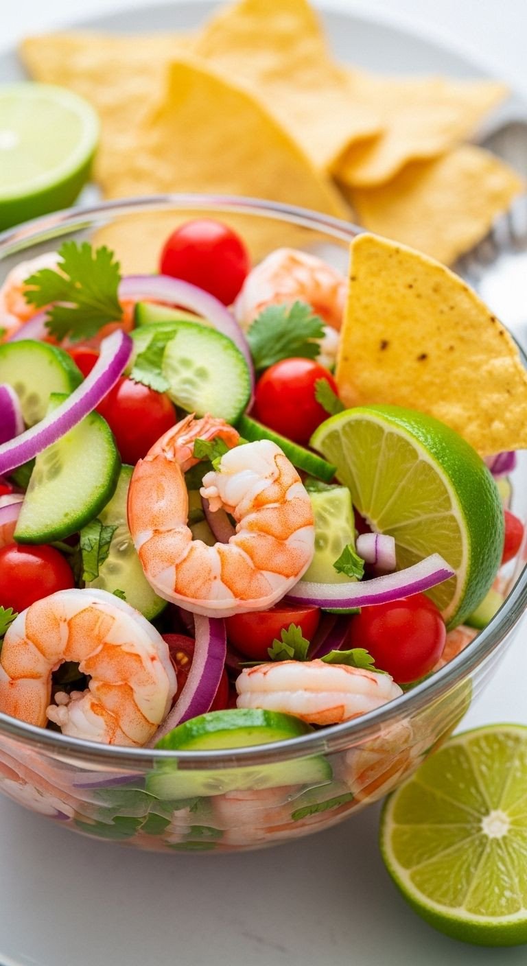A vibrant glass bowl of refreshing Ceviche de Camaron with shrimp, cucumber, cilantro, tomatoes, and onion, perfect for an easy authentic Mexican dinner.