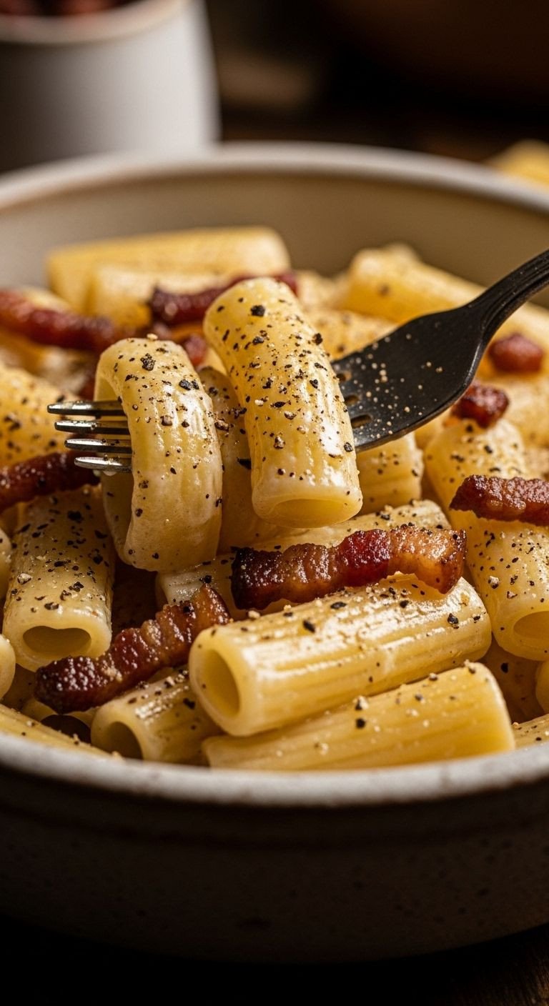 A close-up shows a fork twirling rigatoni coated in creamy Pasta Alla Gricia sauce with crispy guanciale and black pepper in a rustic bowl.