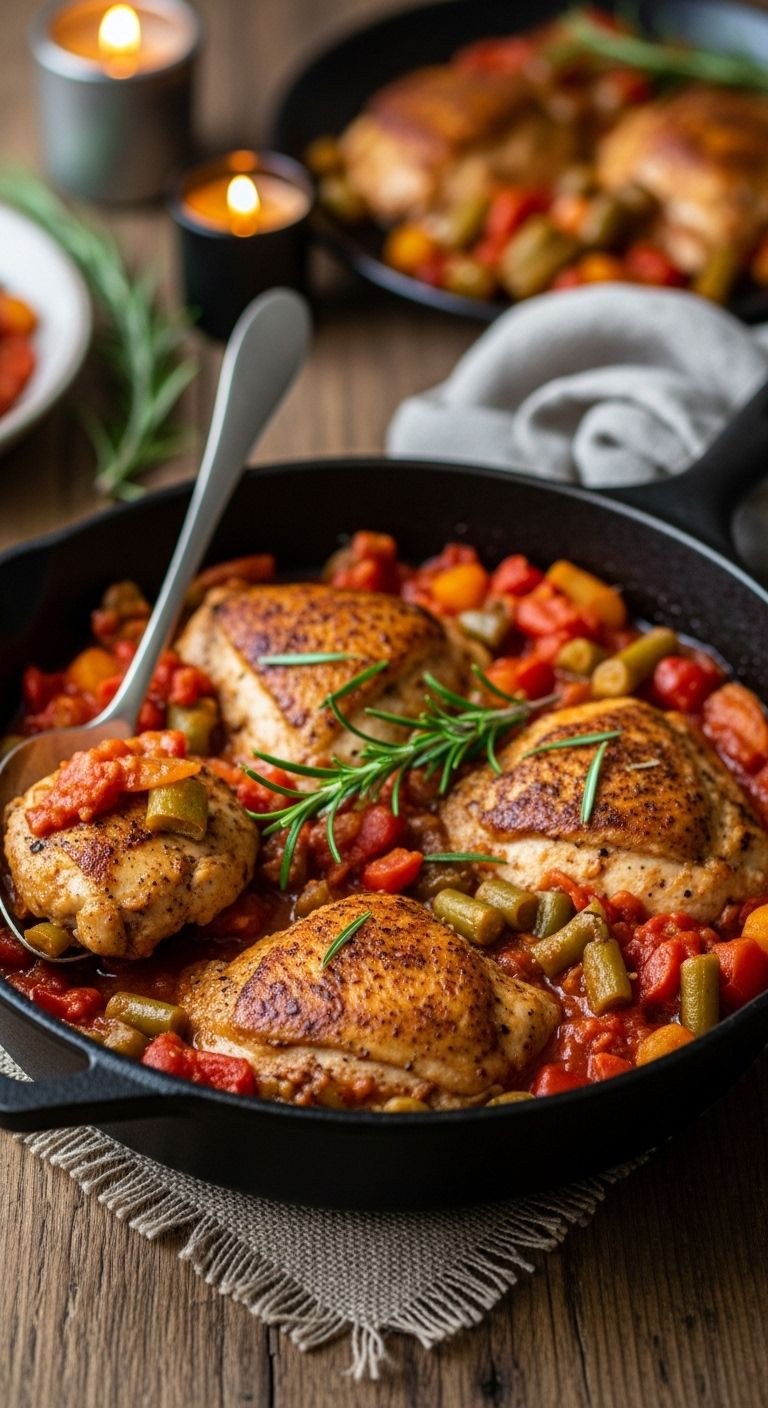 A cast-iron skillet brimming with Chicken Cacciatore rests on a rustic wooden table, garnished with fresh rosemary and a serving spoon.