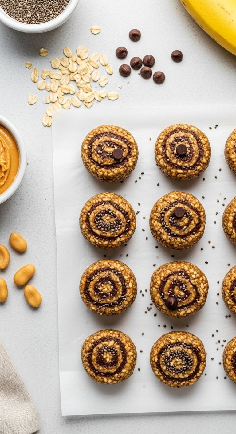 Flat lay of no-bake banana bread bites with oats