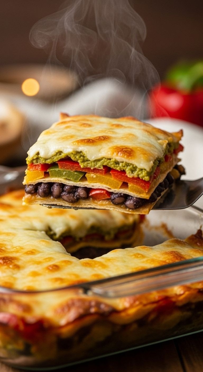 A spatula lifts a slice of Healthy Mexican Casserole from a glass baking dish, showcasing colorful layers and melted cheese for an easy healthy dinner.