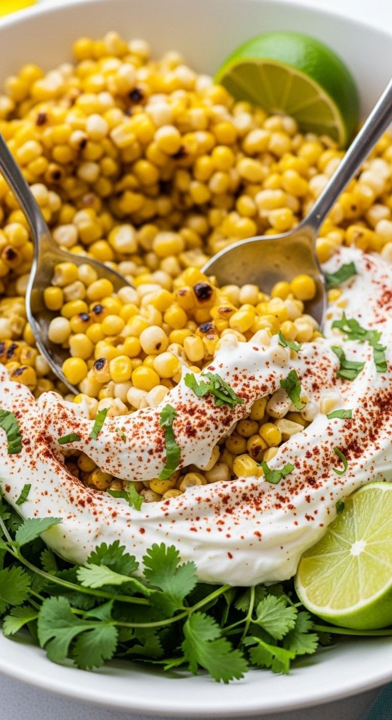A large bowl of Healthy Mexican Street Corn Salad, featuring charred corn and creamy dressing, is tossed for a healthy and easy Mexican dinner.