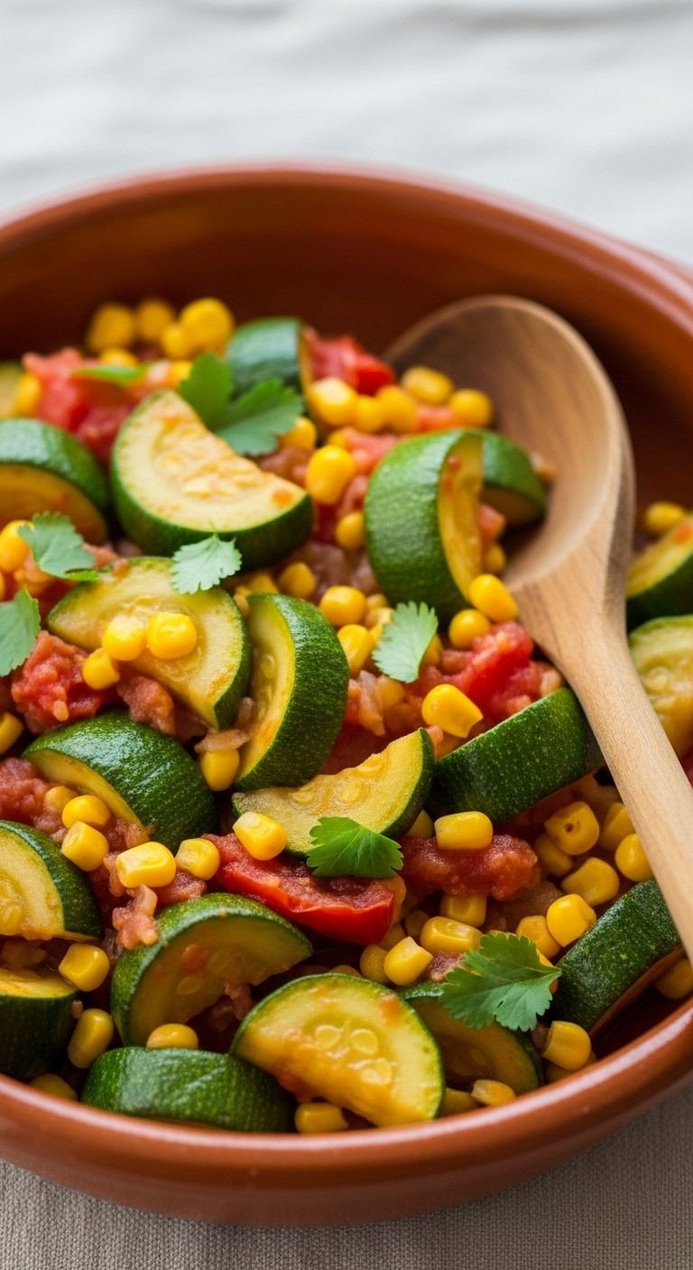 A vibrant earthenware bowl filled with colorful Calabacitas, a healthy Mexican side dish with zucchini, corn, and tomato, perfect for an easy dinner.