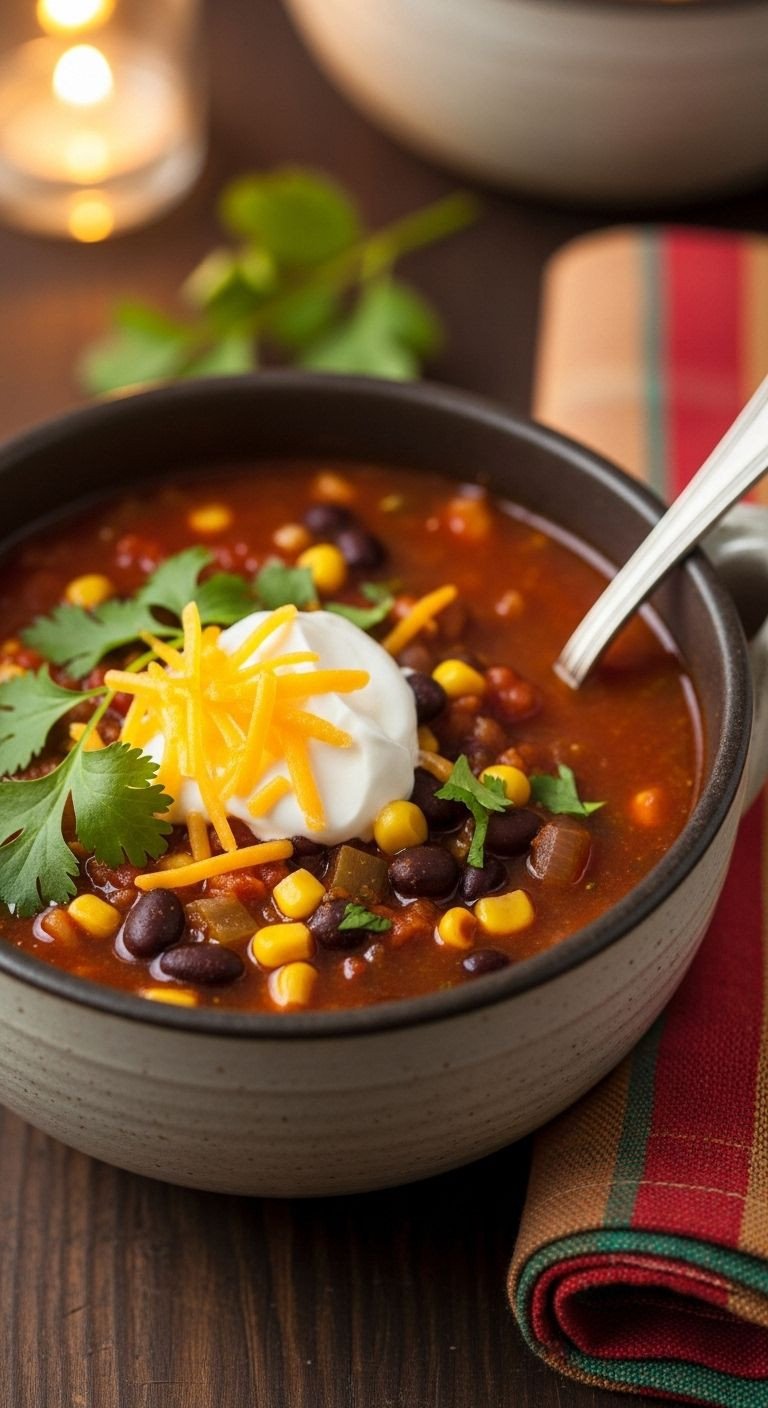 A rustic stoneware bowl of hearty taco soup, garnished with sour cream, cheese, and cilantro, perfect for an easy, comforting Mexican dinner.