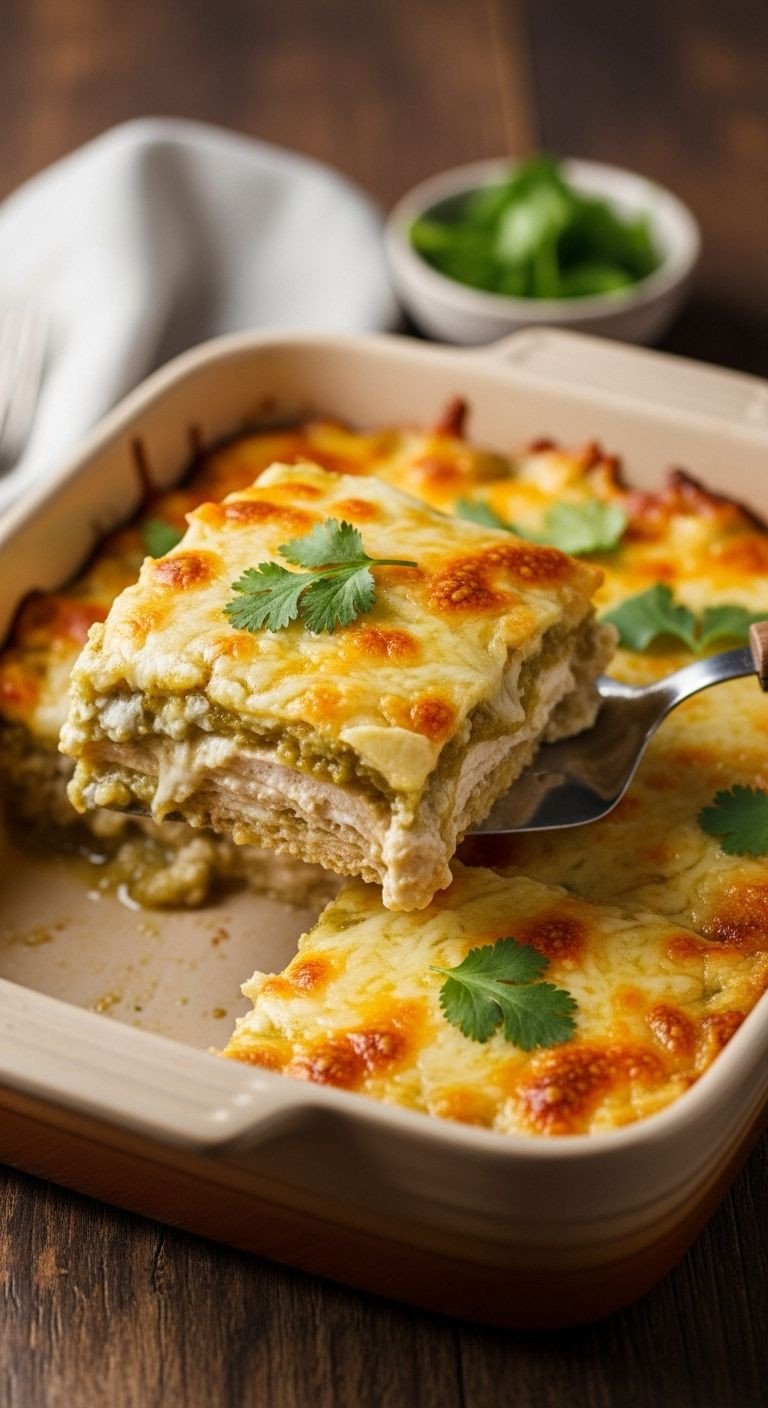 A rustic ceramic baking dish holds a golden, bubbly Salsa Verde Chicken Casserole with creamy layers and fresh cilantro, perfect for an easy Mexican dinner.