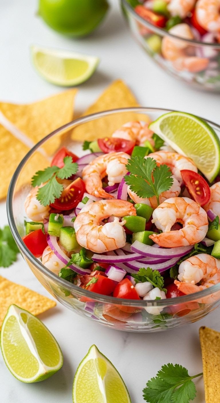 A vibrant glass bowl of zesty shrimp ceviche, with baked tortilla chips and lime wedges on a white marble countertop, perfect for a healthy Mexican dinner.