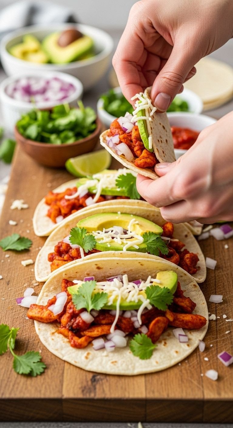 Sriracha Chicken Tacos, overflowing with vibrant toppings on a rustic board, offer a fun, easy, and healthy dinner idea for busy weeknights.
