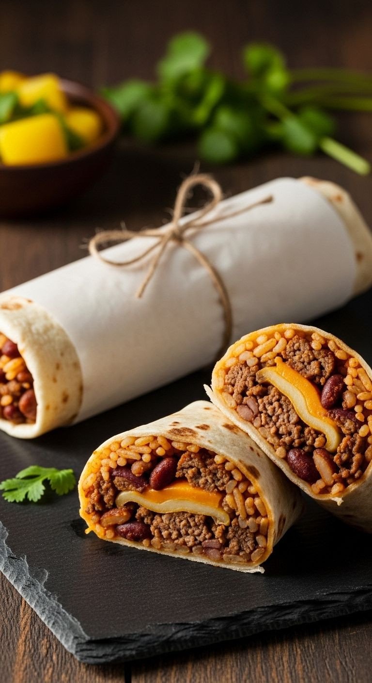 Two hearty beef and bean burritos, one sliced to reveal layers of seasoned beef, beans, rice, and melted cheese, on a dark slate board for an easy Mexican dinner.