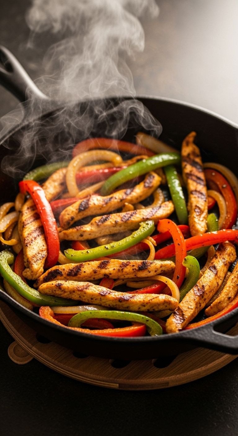 A black cast-iron skillet filled with sizzling chicken fajitas, featuring charred chicken and vibrant peppers, perfect for an easy Mexican dinner.
