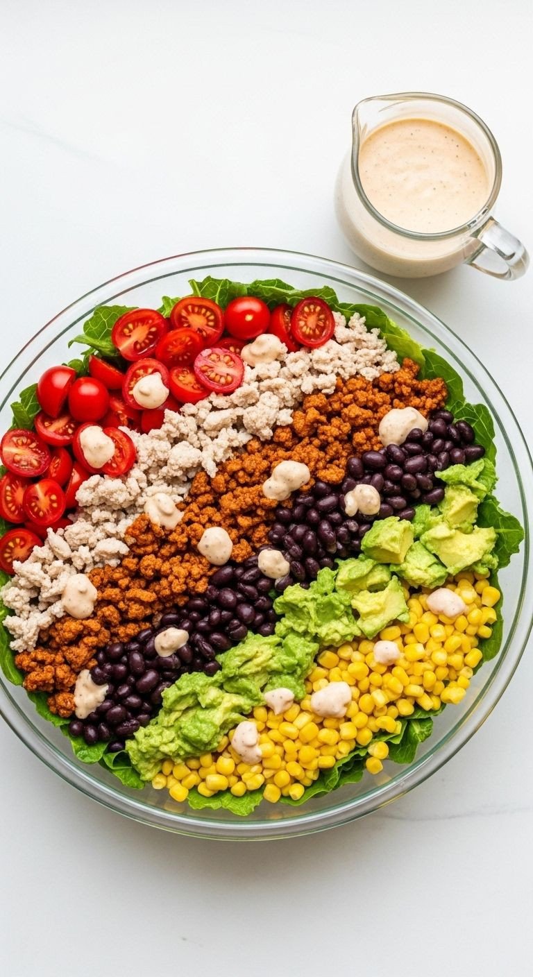 A vibrant ground turkey taco salad in a clear glass bowl, artfully arranged with fresh ingredients, offering a healthy and easy dinner for busy weeknights.