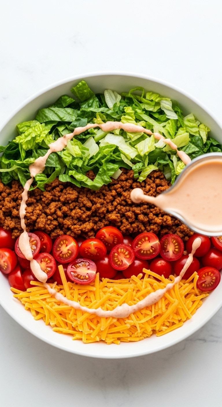 A large white bowl brimming with a vibrant taco salad, showcasing seasoned ground beef, fresh vegetables, and cheese, ideal for an easy Mexican dinner.