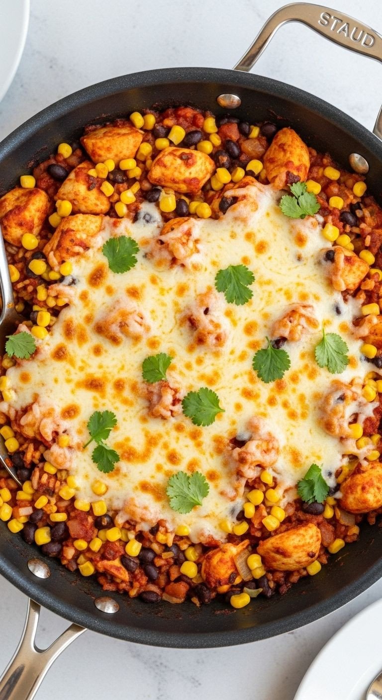 A large skillet filled with One-Pan Mexican Chicken and Rice, topped with melted cheese and cilantro, ready to serve as an easy and delicious Mexican dinner.