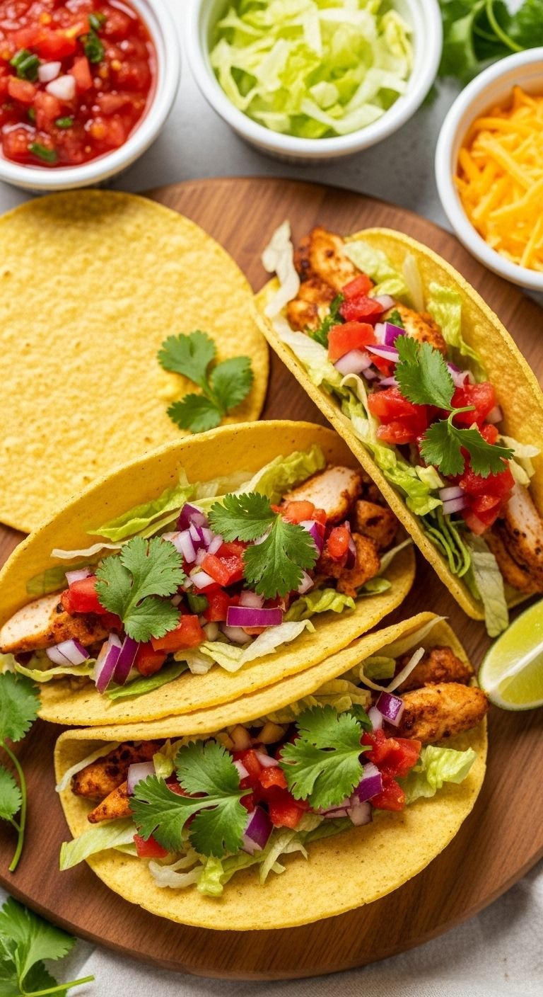 Three colorful chicken street tacos on a wooden board, with fresh toppings and salsa, offering an easy Mexican dinner idea.