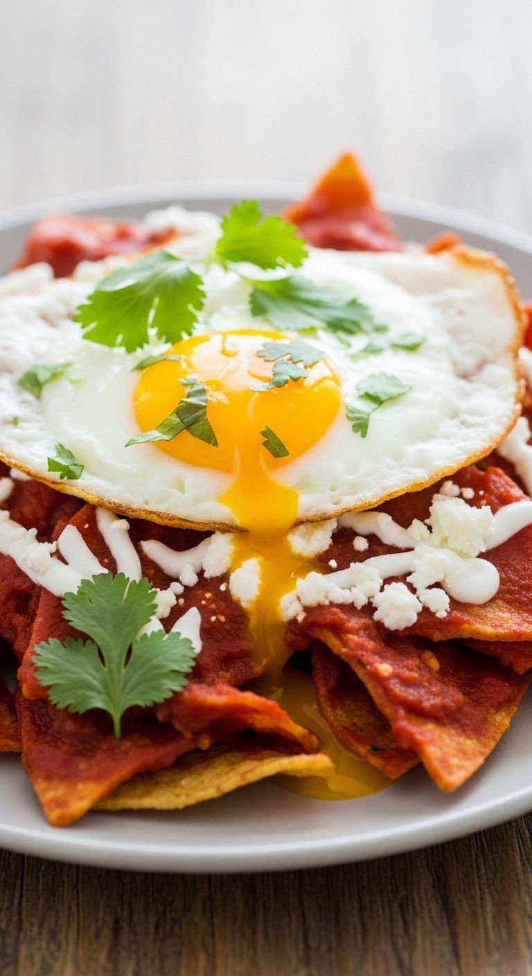 A vibrant plate of Chilaquiles Rojos with saucy chips, a fried egg, cotija cheese, and cilantro, presented on a rustic wooden table for an easy Mexican dinner.