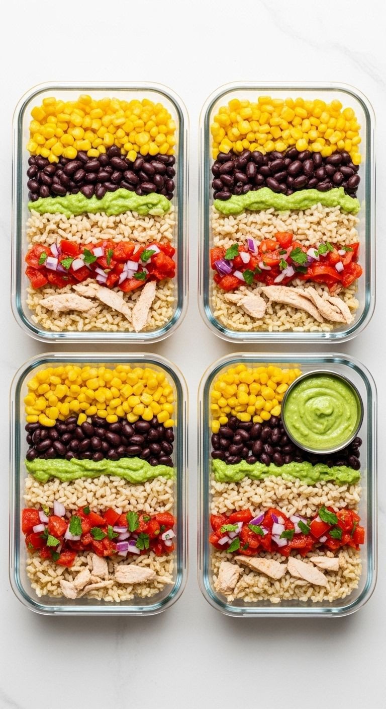 Colorful Southwest Chicken Burrito Bowls neatly arranged in meal prep containers, ready for healthy and easy Mexican dinners.