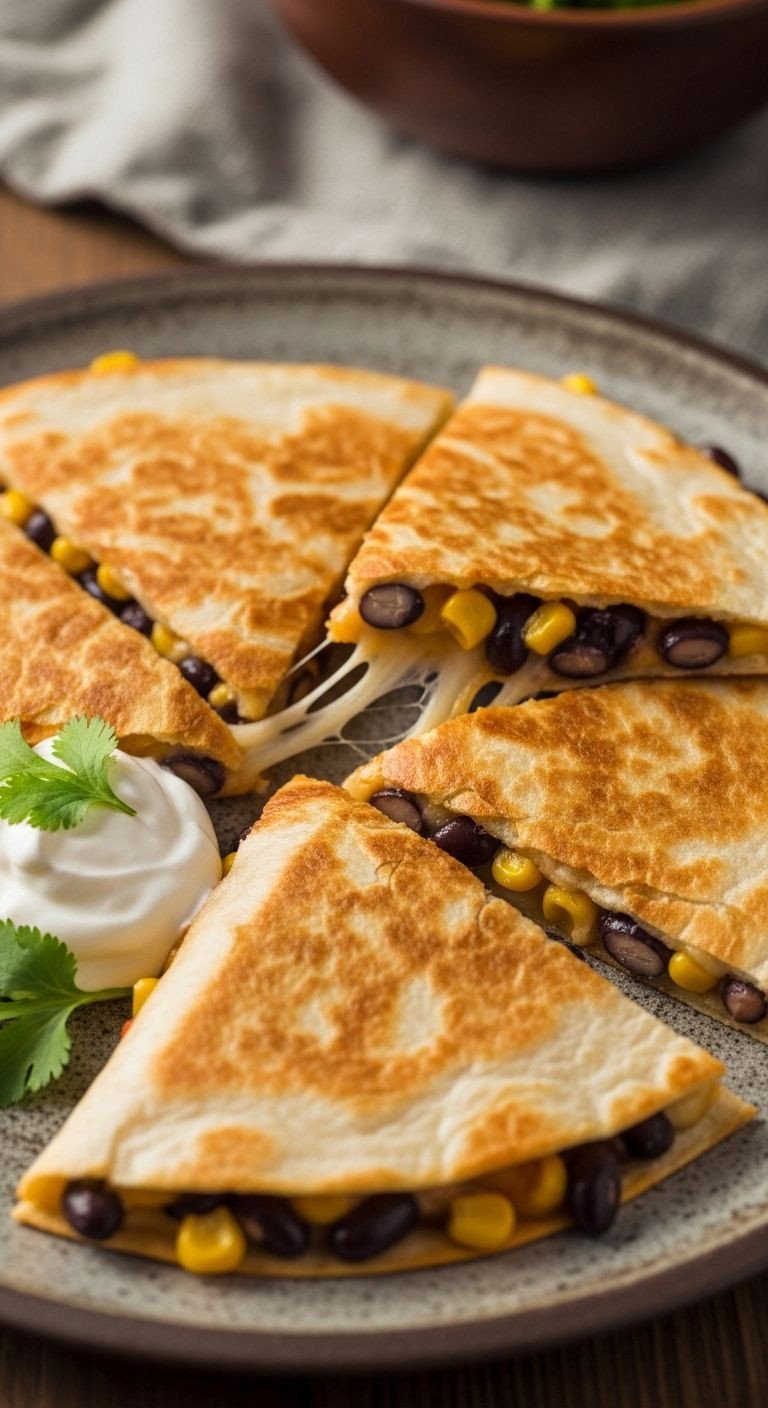 A golden-brown quesadilla cut into triangles, revealing a delicious cheese pull with black beans and corn, served on a rustic plate, perfect for an easy Mexican dinner.
