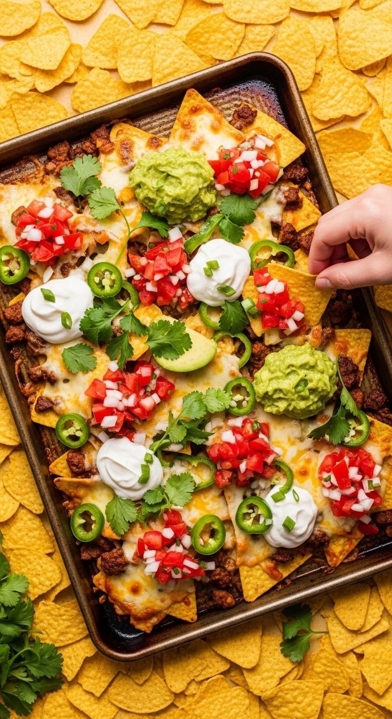 A vibrant sheet pan of beef nachos, loaded with melted cheese, pico de gallo, guacamole, and sour cream, offers an easy and delicious Mexican dinner idea.