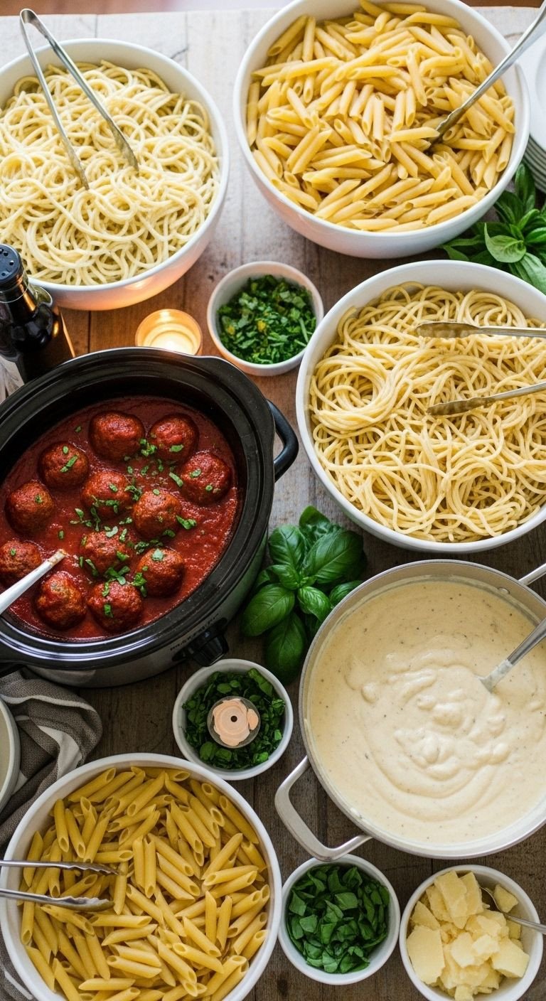 An abundant pasta bar setup with various pastas, meatballs, and sauces on a rustic table, a simple and budget-friendly recipe for feeding a crowd.