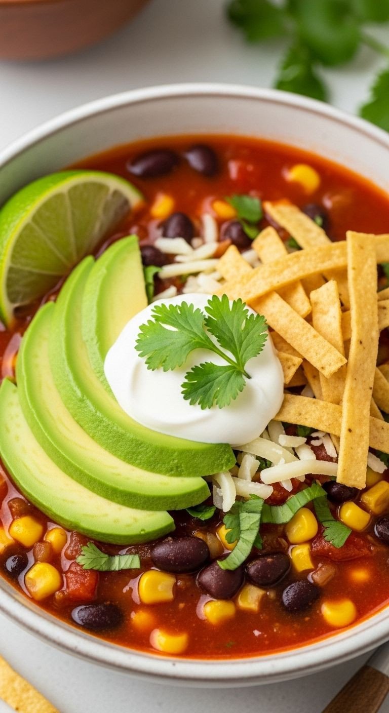 A vibrant bowl of hearty Mexican Tortilla Soup, artfully topped with sour cream, avocado, cheese, cilantro, and crispy tortilla strips, for a simple, budget-friendly crowd meal.