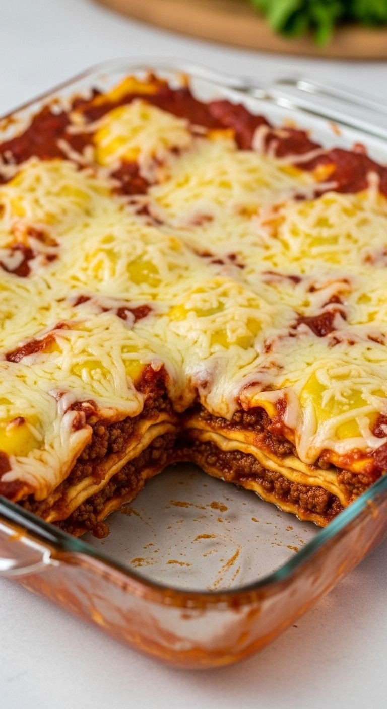 A glass baking dish with Beefy Baked Ravioli, showing distinct layers of ravioli, meat sauce, and melted golden-brown cheese, a simple and budget-friendly recipe for feeding a crowd.