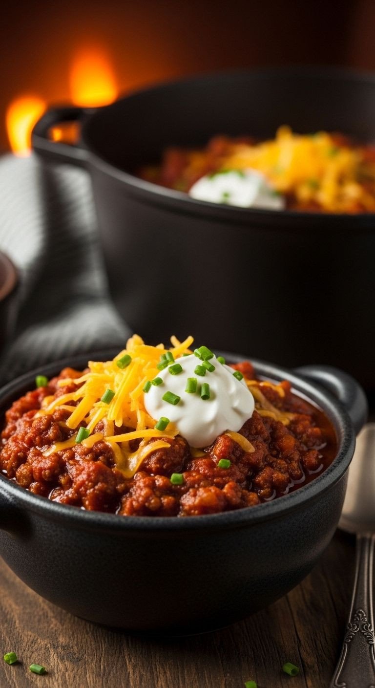 A rustic bowl filled with hearty Classic Chili, topped with melting cheddar, sour cream, and fresh chives, a simple and budget-friendly recipe for feeding a crowd.