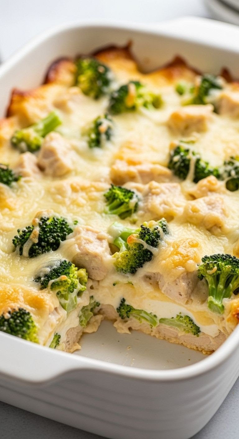 A white ceramic baking dish filled with creamy Chicken and Broccoli Alfredo Bake, with a portion removed to show the cheesy layers, perfect for a simple, budget-friendly crowd meal.