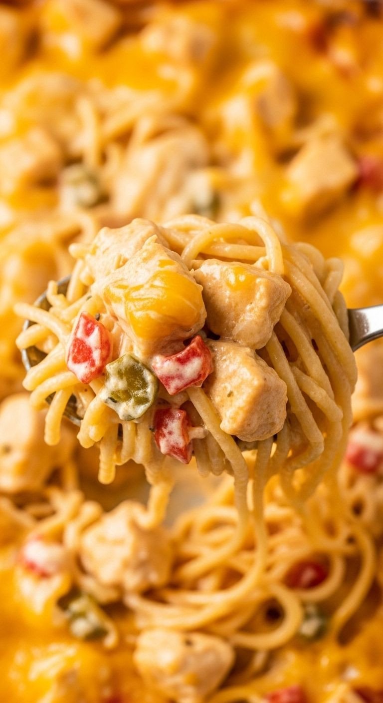 A spoonful of creamy chicken spaghetti with a rich, cheesy sauce and chicken chunks is lifted from a baking dish, a simple and budget-friendly recipe for feeding a crowd.