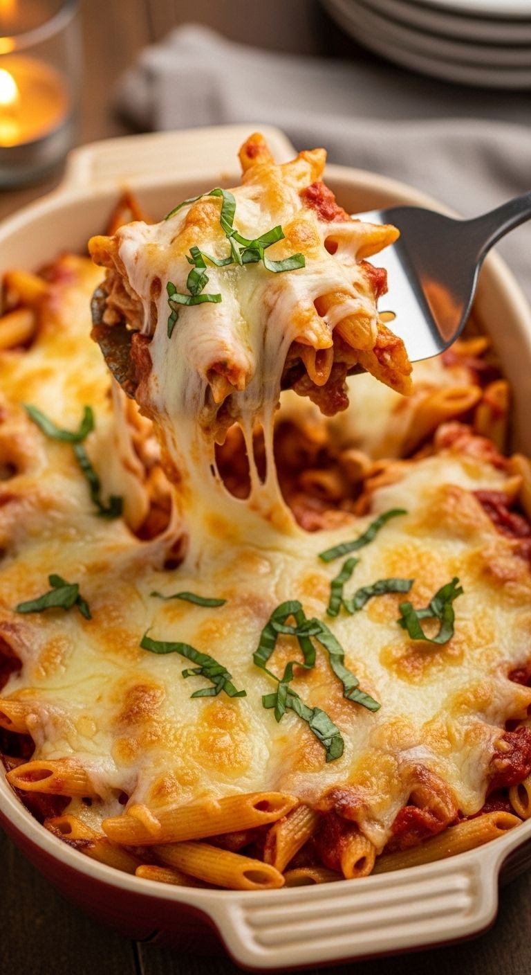 A large rustic ceramic baking dish of hearty baked penne pasta with a cheesy pull, topped with fresh basil, offering a simple and budget-friendly recipe for feeding a crowd.