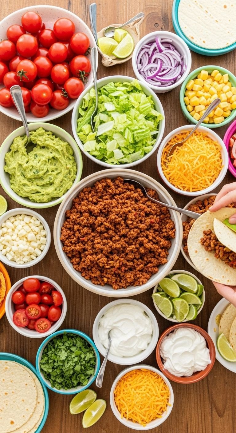 A vibrant taco bar featuring a central bowl of seasoned ground beef surrounded by colorful toppings, perfect for a simple, budget-friendly crowd meal.