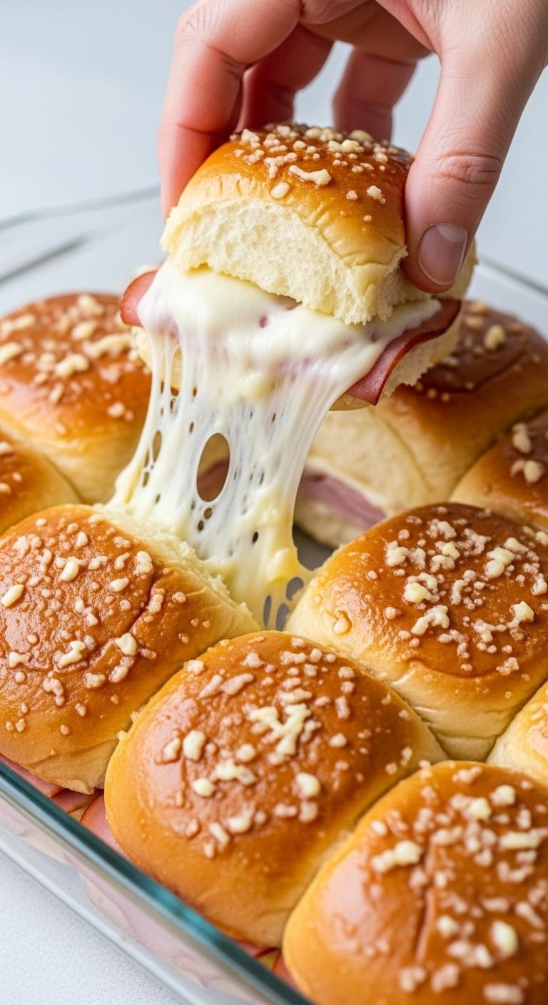 A hand pulls a gooey, cheesy ham and cheese slider from a baking dish, showcasing the golden rolls and melted cheese, a simple and budget-friendly recipe for feeding a crowd.