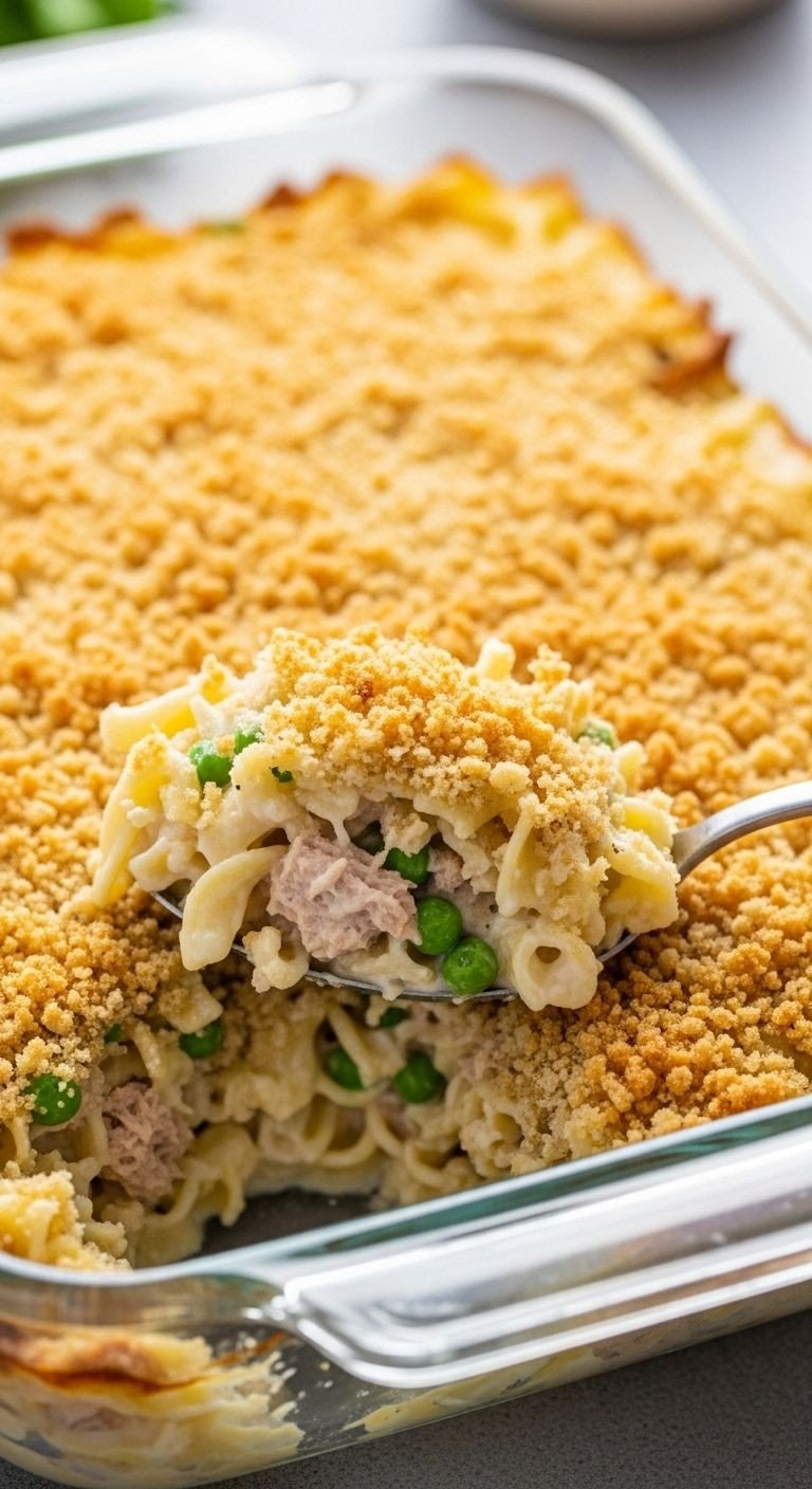 A glass Pyrex dish of comforting Tuna Noodle Casserole with a golden breadcrumb topping and a scoop removed revealing the creamy interior, a simple and budget-friendly recipe for feeding a crowd.
