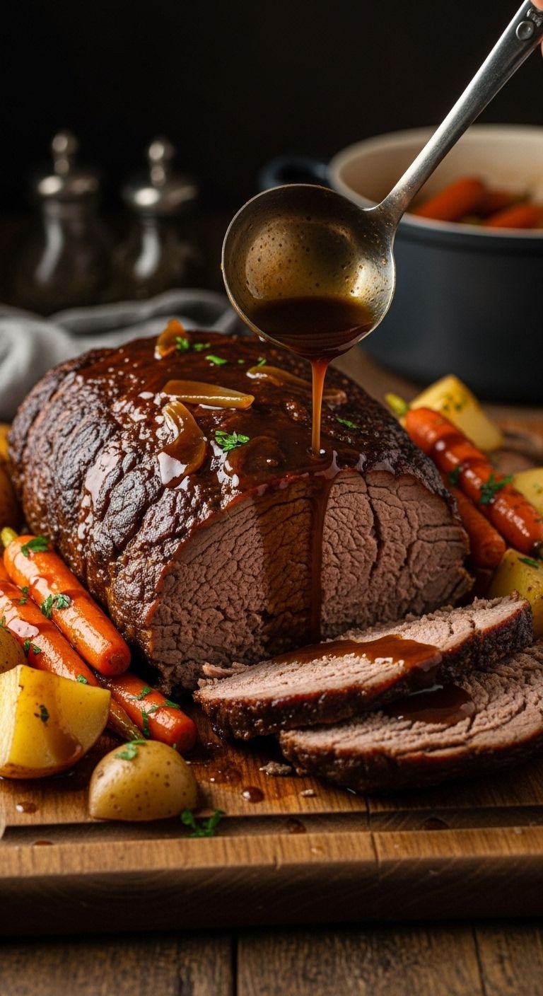 A tender slow cooker pot roast with glazed carrots and potatoes on a rustic wooden board, being drizzled with gravy, a simple and budget-friendly recipe for feeding a crowd.