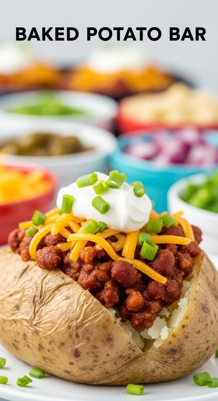 A perfectly loaded baked potato with chili, cheese, sour cream, and chives, hinting at a full topping bar, ideal for a simple, budget-friendly crowd recipe.