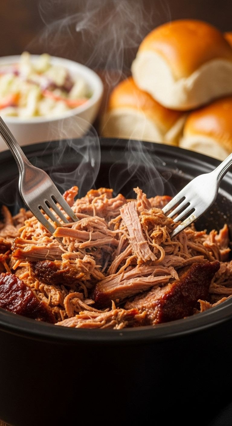 Two forks pulling tender, juicy Crock Pot Pulled Pork from a dark pot with coleslaw and buns blurred in the background, a simple recipe for feeding a crowd on a budget.
