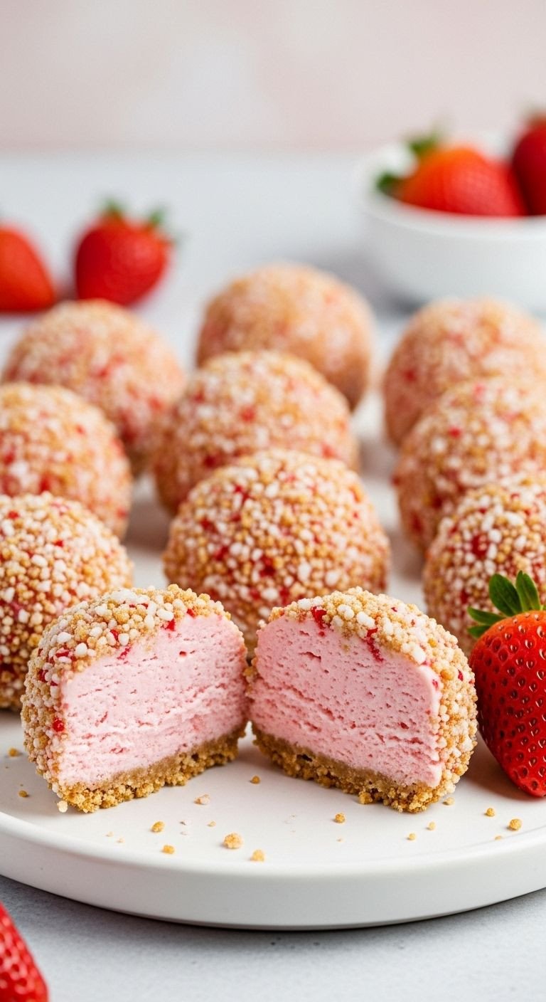 Close-up of Strawberry Crunch Cheesecake Bites on a white platter, showcasing the creamy pink interior and crunchy topping.