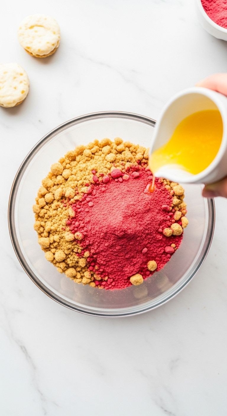 Flat-lay shot of ingredients for strawberry crunch topping with cookie crumbs, freeze-dried strawberry powder, and melted butter.
