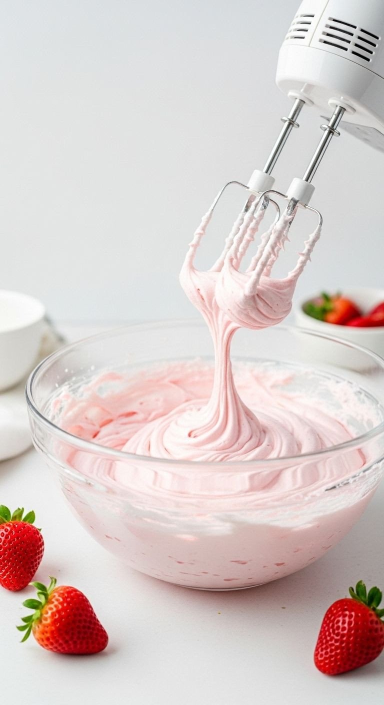 Action shot of strawberry cheesecake filling being mixed in a glass bowl with an electric hand mixer, fresh strawberries nearby.