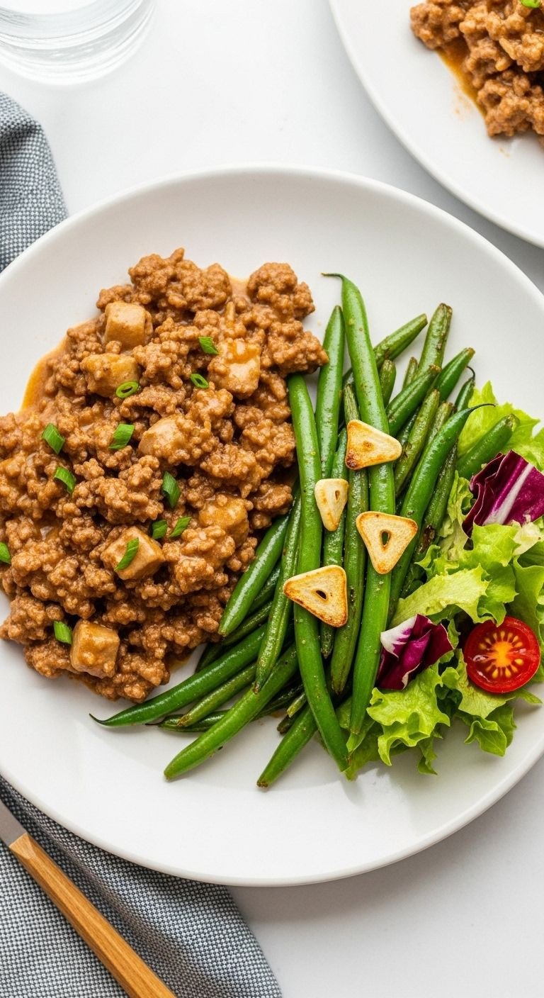 Ground beef stroganoff with roasted garlic green beans and side salad on dinner plate