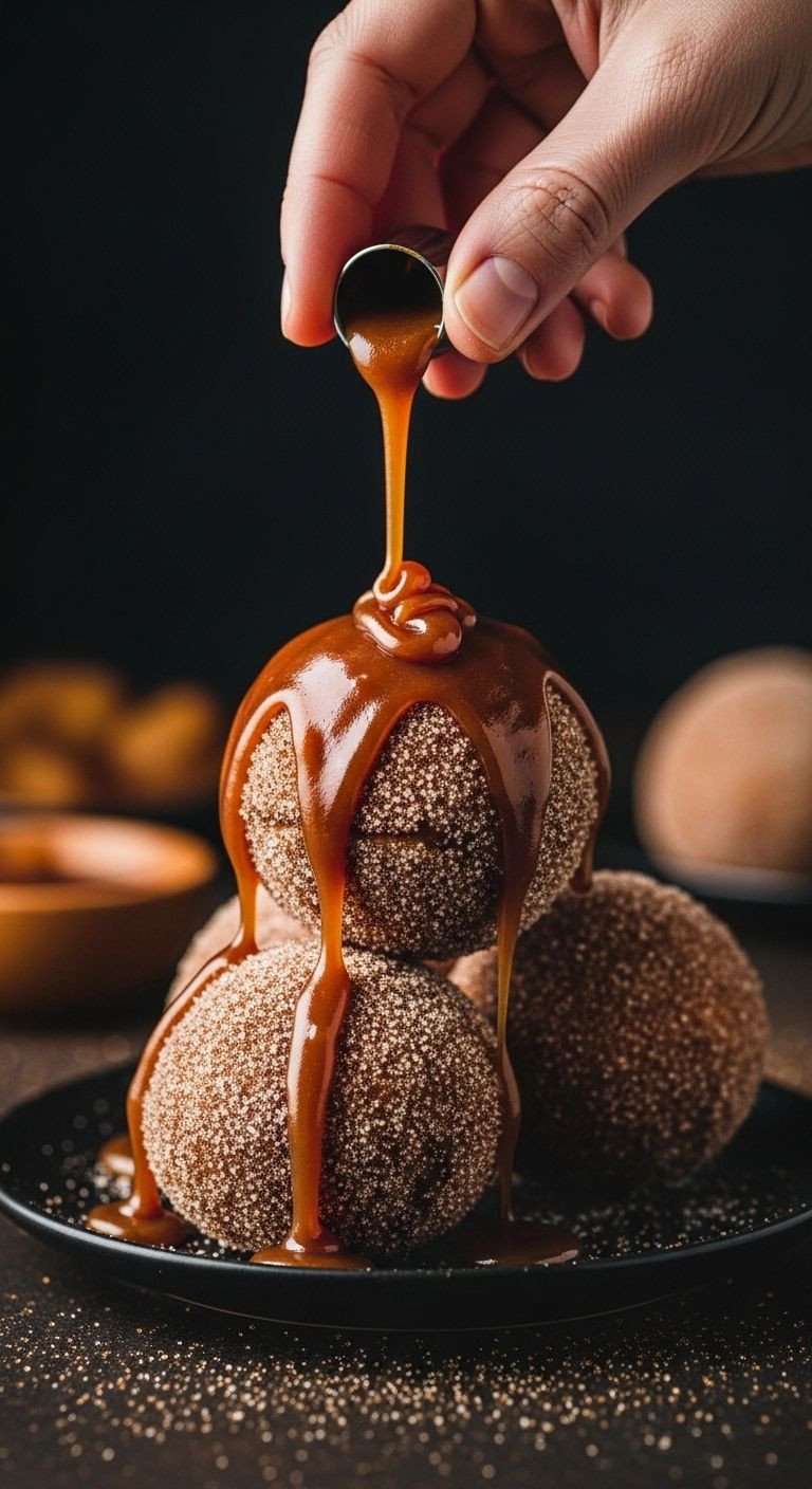 Stack of three apple pie bombs heavily coated in cinnamon sugar, with a hand drizzling thick caramel sauce over the top.