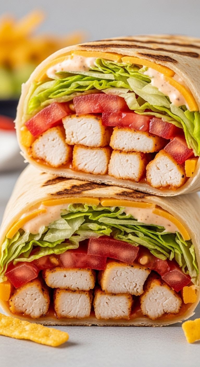 Chipotle Ranch Grilled Chicken Burrito with diced chicken, cheddar cheese, lettuce, tomatoes, and fiesta strips cut in half