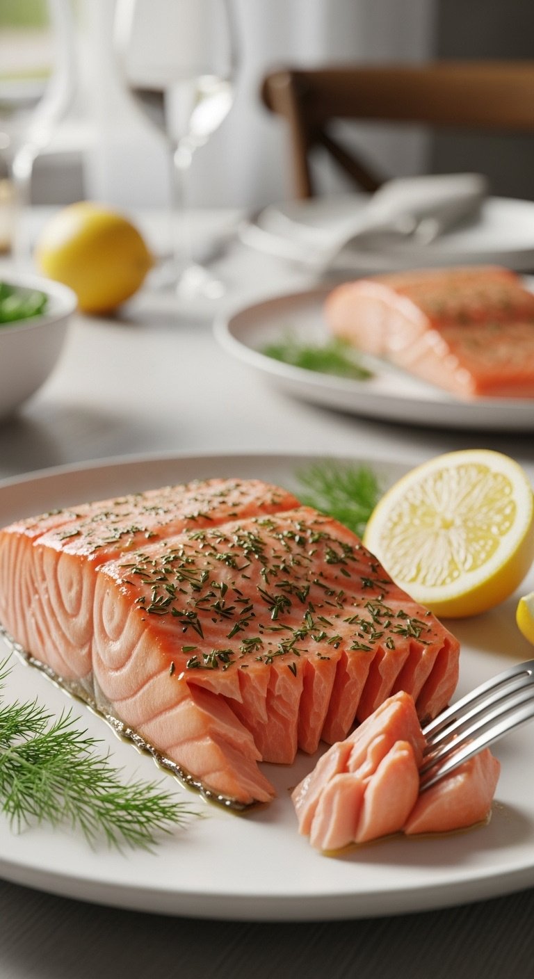 Flaky air fryer lemon garlic salmon fillet with dill and a lemon wedge on a white plate, being flaked with a fork